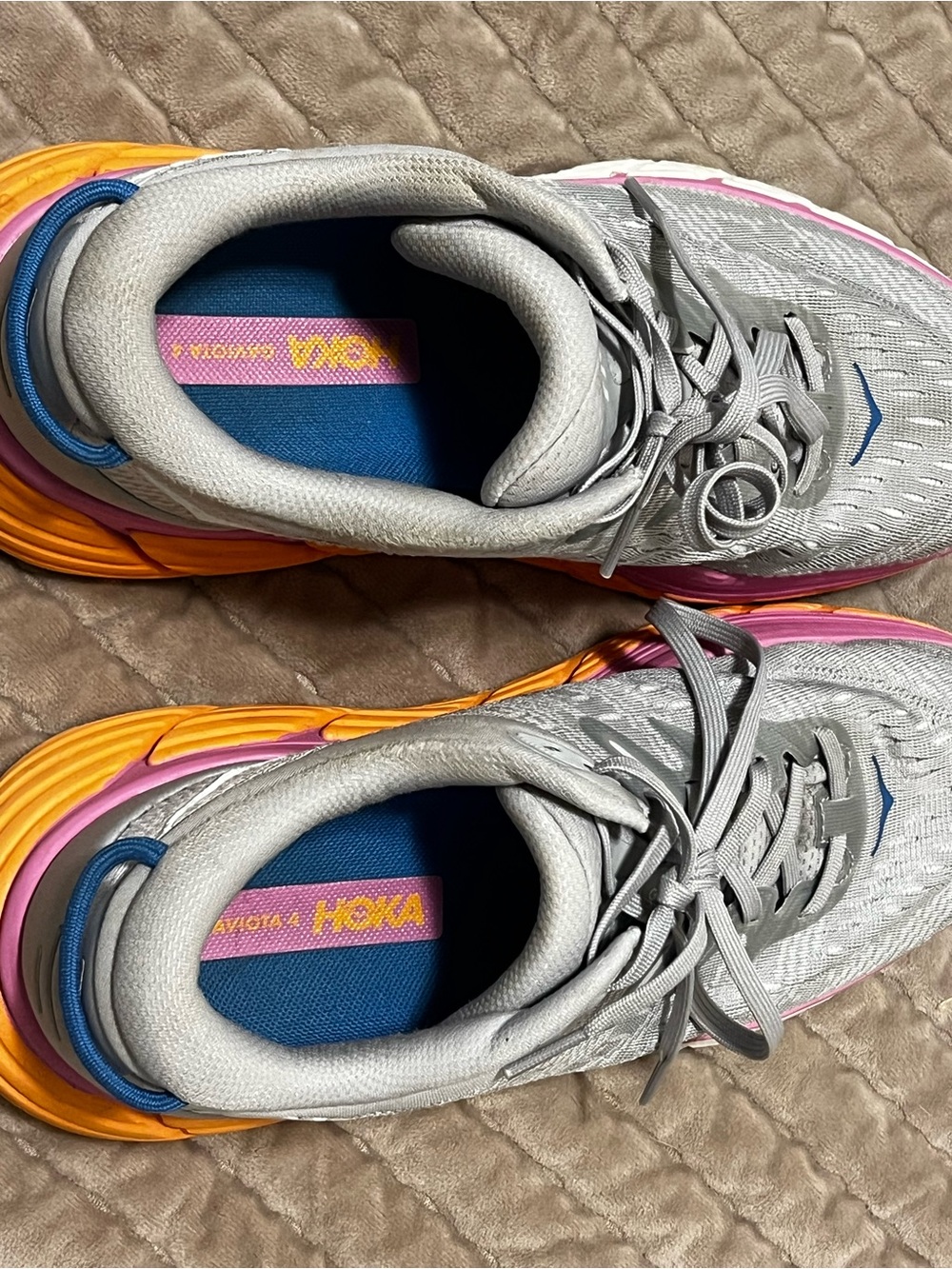 HOKA 9.5 Women’s Cushioning Running Shoes - Gray with Pink & Orange Accents
